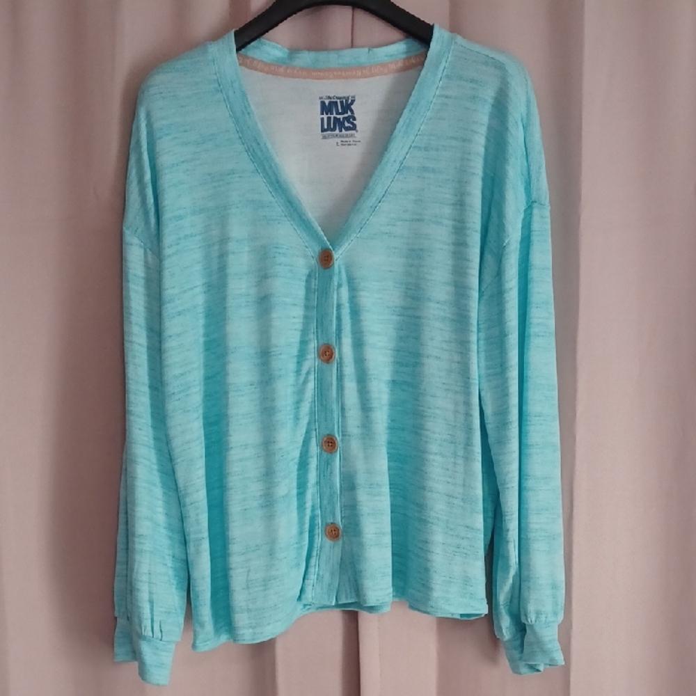 Muk Luks Butterknit Relaxed Button Front Cardigan Aqua Ocean